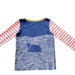 Mini Boden girls whale shirt, blue w/ pink white striped sleeves. Youth 11-12